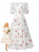 White 1930s Floral Ruffled Off-Shoulder Puff Dress model view