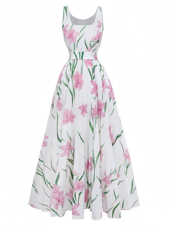 White 1930s Scoop Neck Floral Sleeveless Maxi Dress