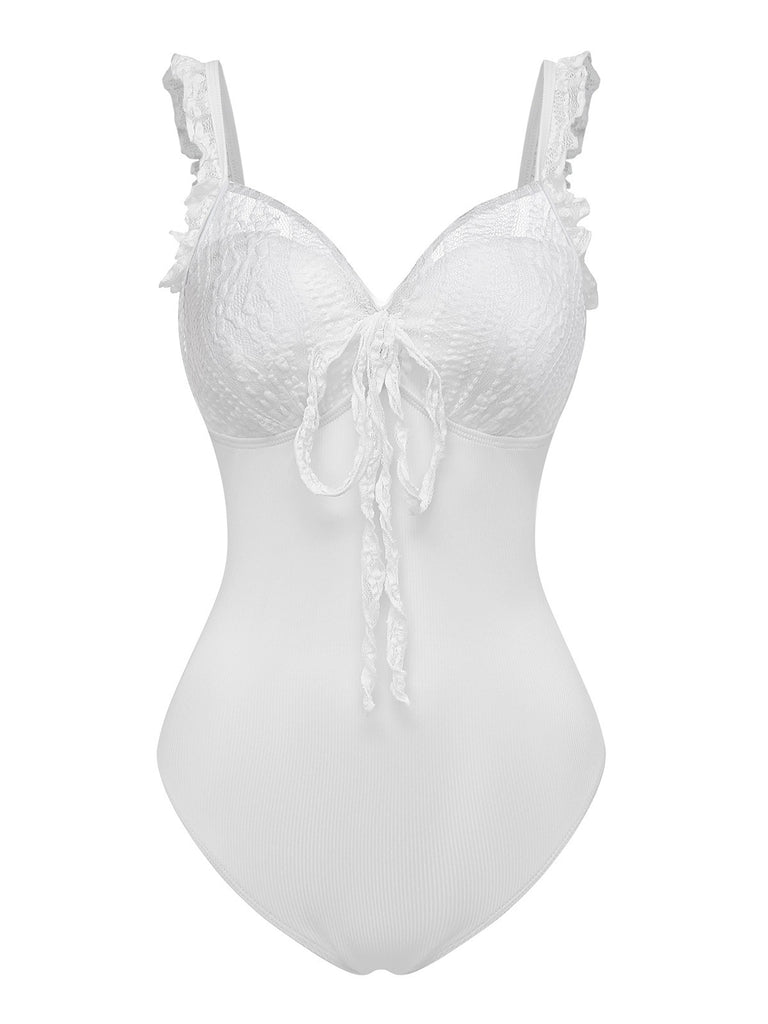 [Pre-Sale] 2PCS White 1950s Lace Ruffled Bow Swimsuit & Cover-Up