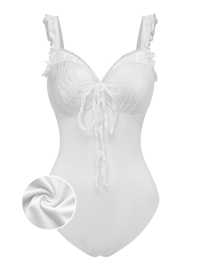[Pre-Sale] 2PCS White 1950s Lace Ruffled Bow Swimsuit & Cover-Up