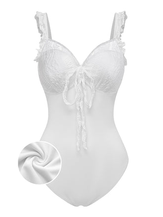 [Pre-Sale] White 1950s Lace Ruffled Bow One-Piece Swimsuit