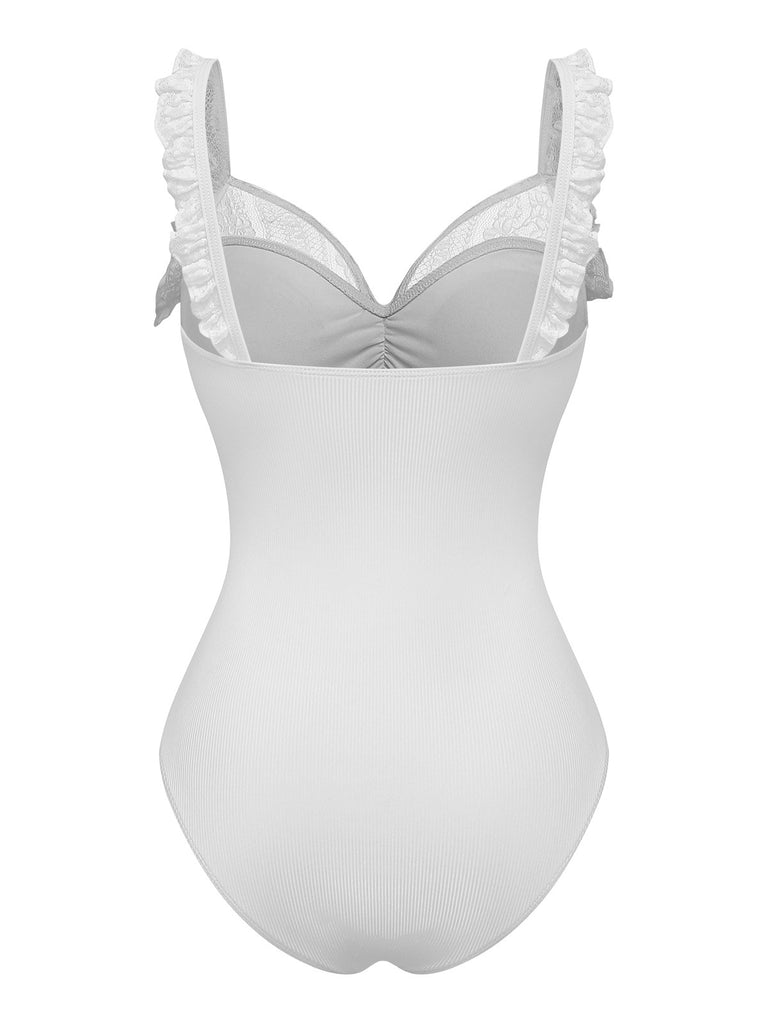 [Pre-Sale] 2PCS White 1950s Lace Ruffled Bow Swimsuit & Cover-Up