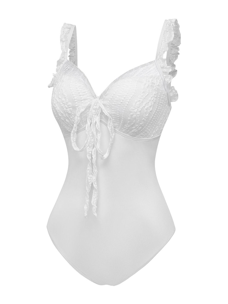 [Pre-Sale] 2PCS White 1950s Lace Ruffled Bow Swimsuit & Cover-Up