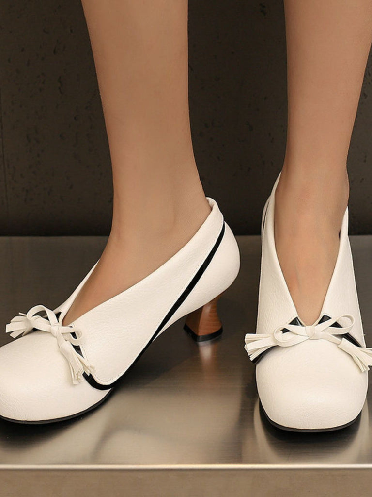 Retro Bow PU Round-Toe Chunky Heel Shoes