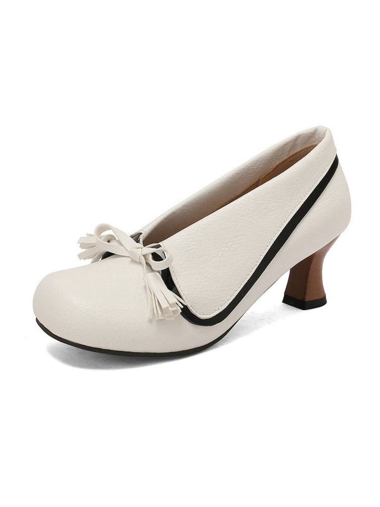 Retro Bow PU Round-Toe Chunky Heel Shoes