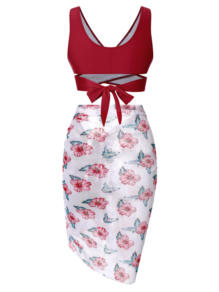 [Plus Size] Wine Red 1930s Floral Bikini Set & Cover-Up, vintage swimsuit, pin-up swimwear - perfect for women who love vintage and retro fashion