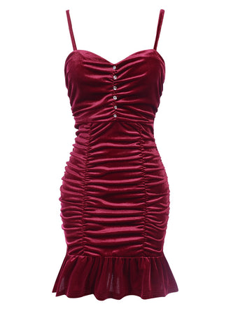 Wine Red 1930s Ruffled Hem Pleated Dress, vintage dress, retro fashion - perfect for women who love vintage and retro fashion