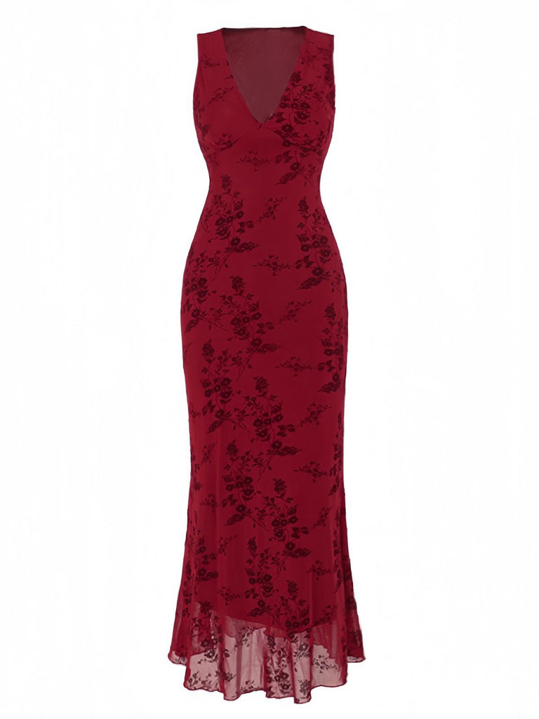 Wine Red 1930s V-Neck Floral Mesh Dress - vintage dress, retro fashion, elegant red