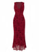 Wine Red 1930s V-Neck Floral Mesh Dress - vintage dress, retro fashion, elegant red