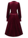 Wine Red 1940s Long Sleeves Velvet Ruched Dress, vintage dress, retro fashion - perfect for women who love vintage and retro fashion