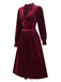 Wine Red 1940s Long Sleeves Velvet Ruched Dress, vintage dress, retro fashion - perfect for women who love vintage and retro fashion