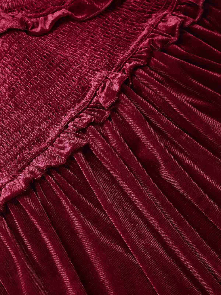 Wine Red 1940s Long Sleeves Velvet Ruched Dress, vintage dress, retro fashion - perfect for women who love vintage and retro fashion