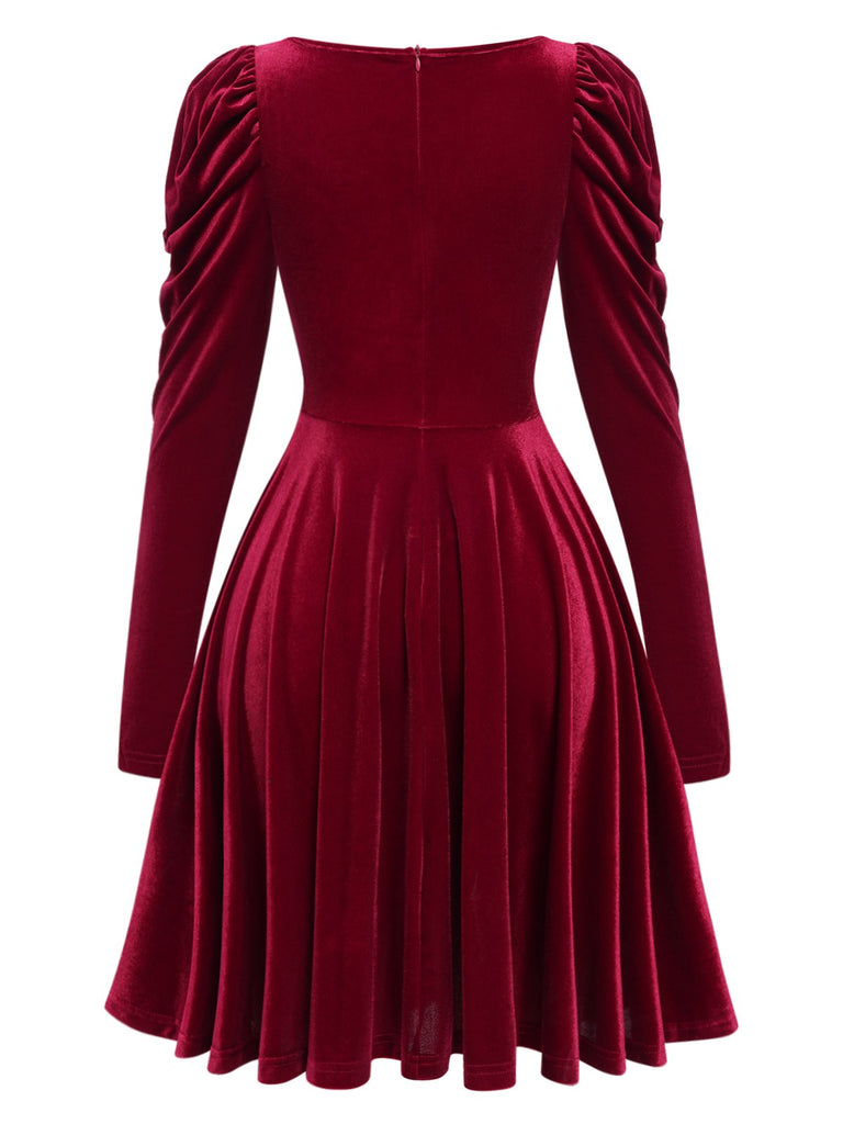 Wine Red 1940s Solid Velvet Puff Dress, vintage dress, retro fashion - perfect for women who love vintage and retro fashion