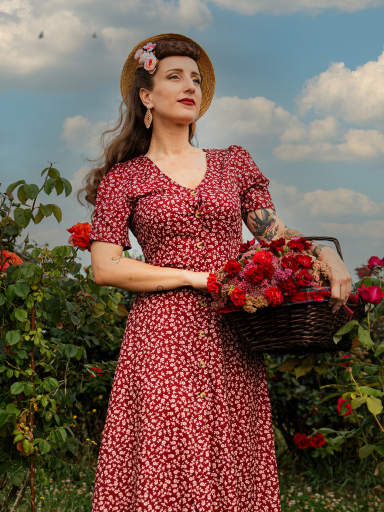 Wine Red 1940s V-Neck Ditsy Floral Dress - vintage dress, retro fashion, elegant red