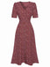 [Pre-Sale] Wine Red 1940s V-Neck Ditsy Floral Dress, vintage dress, retro fashion, floral print - perfect for women who love vintage and retro fashion