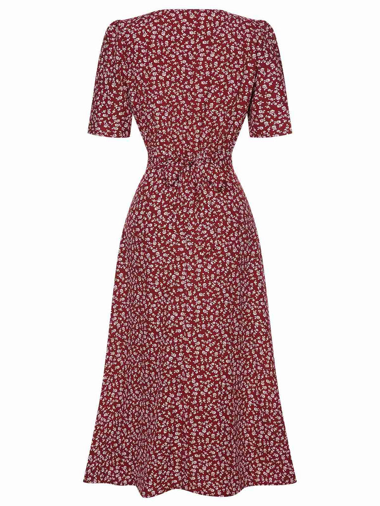 [Pre-Sale] Wine Red 1940s V-Neck Ditsy Floral Dress, vintage dress, retro fashion, floral print - perfect for women who love vintage and retro fashion