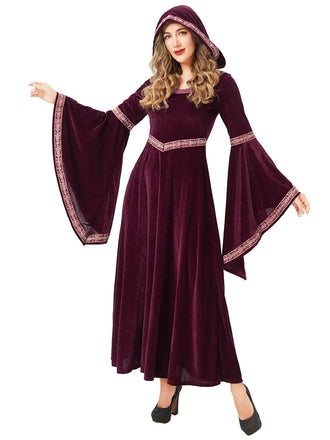 She slips into this Wine Red 1940s Velvet Bat Sleeves Hooded Dress and suddenly it's a 1940s daydream