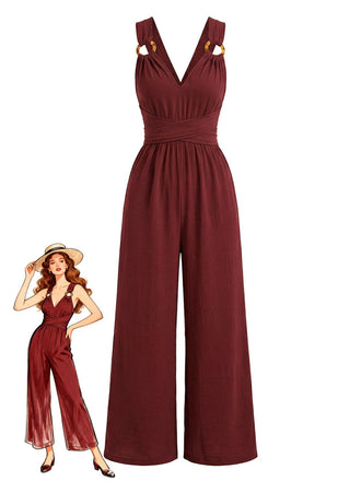 Wine Red 1950s Backless Tie High Waist Jumpsuit, vintage romper, retro jumpsuit - perfect for women who love vintage and retro fashion