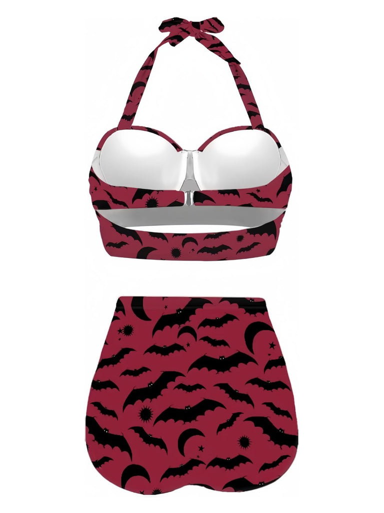 Wine Red 1950s Bat Print Lace-Up Halter Swimsuit: 1950s Riviera elegance, reimagined for her
