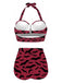 Wine Red 1950s Bat Print Lace-Up Halter Swimsuit: 1950s Riviera elegance, reimagined for her