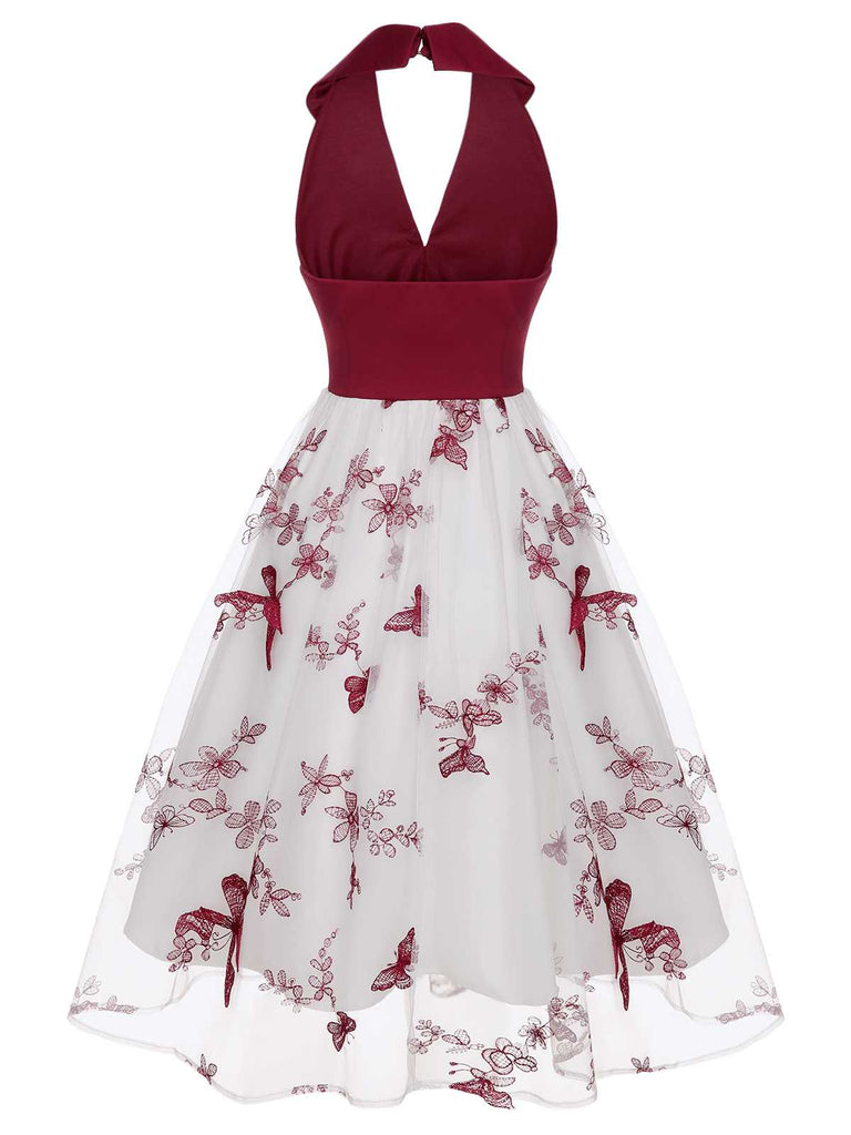 Wine Red 1950s Butterfly Lapel Mesh Dress — vintage elegance for the modern woman