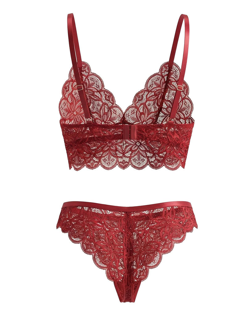 Wine Red 1950s Floral Lace Lingerie Set - vintage fashion, retro style, elegant red
