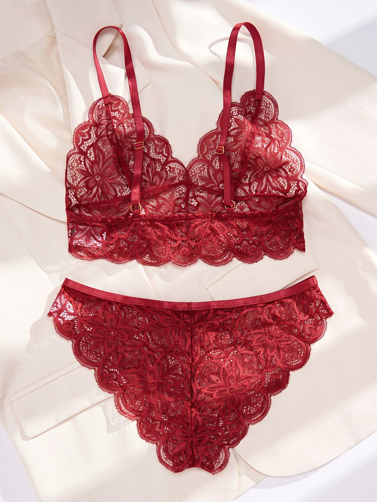Wine Red 1950s Floral Lace Lingerie Set - vintage fashion, retro style, elegant red