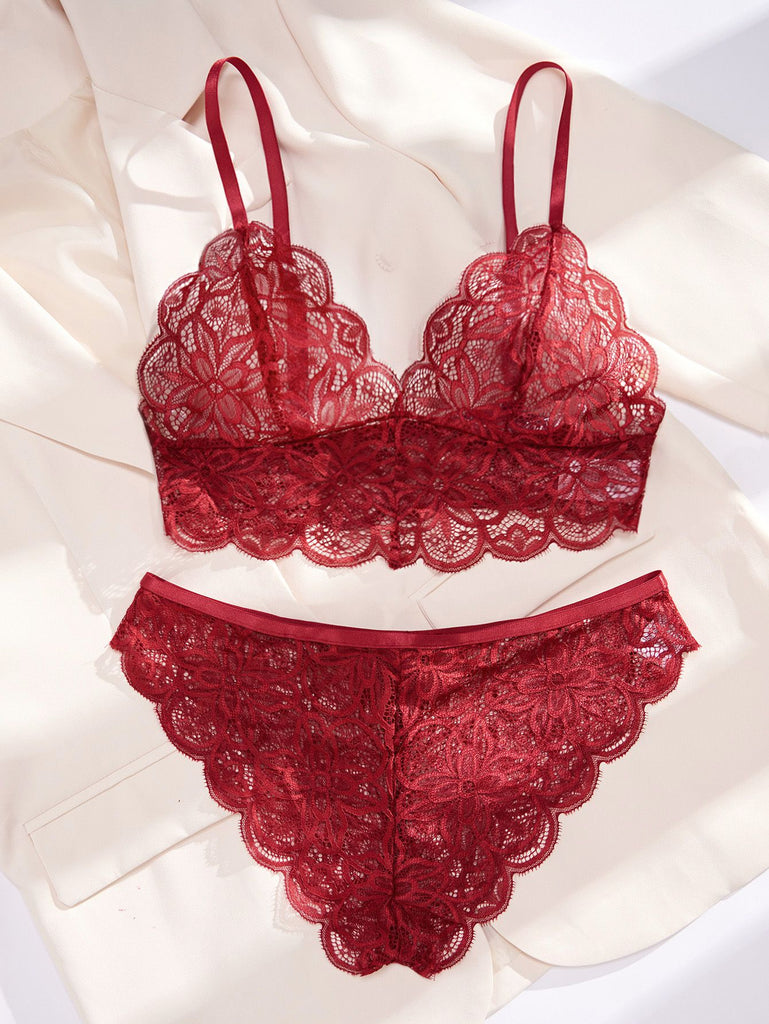 Wine Red 1950s Floral Lace Lingerie Set - vintage fashion, retro style, elegant red