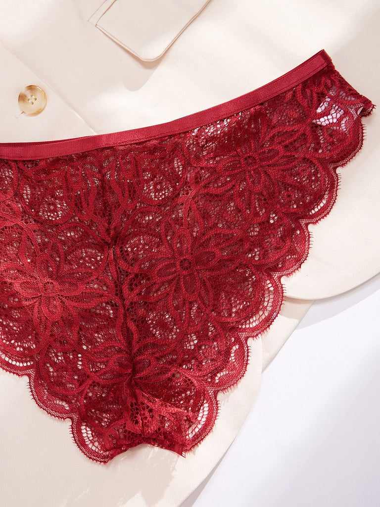 Wine Red 1950s Floral Lace Lingerie Set - vintage fashion, retro style, elegant red