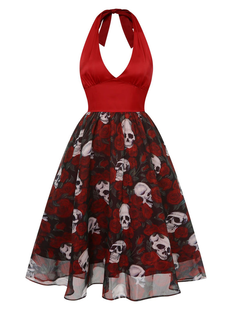Wine Red 1950s Halter Haloween Roses Skeleton Mesh Dress: where 1950s romance meets her modern spirit