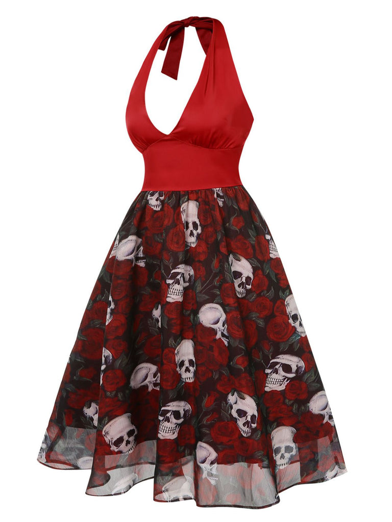 This Wine Red 1950s Halter Haloween Roses Skeleton Mesh Dress wraps her in 1950s elegance, one twirl at a time