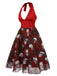 This Wine Red 1950s Halter Haloween Roses Skeleton Mesh Dress wraps her in 1950s elegance, one twirl at a time