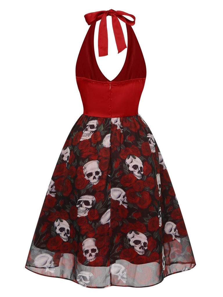 Wine Red 1950s Halter Haloween Roses Skeleton Mesh Dress — the kind of 1950s dress that makes strangers smile
