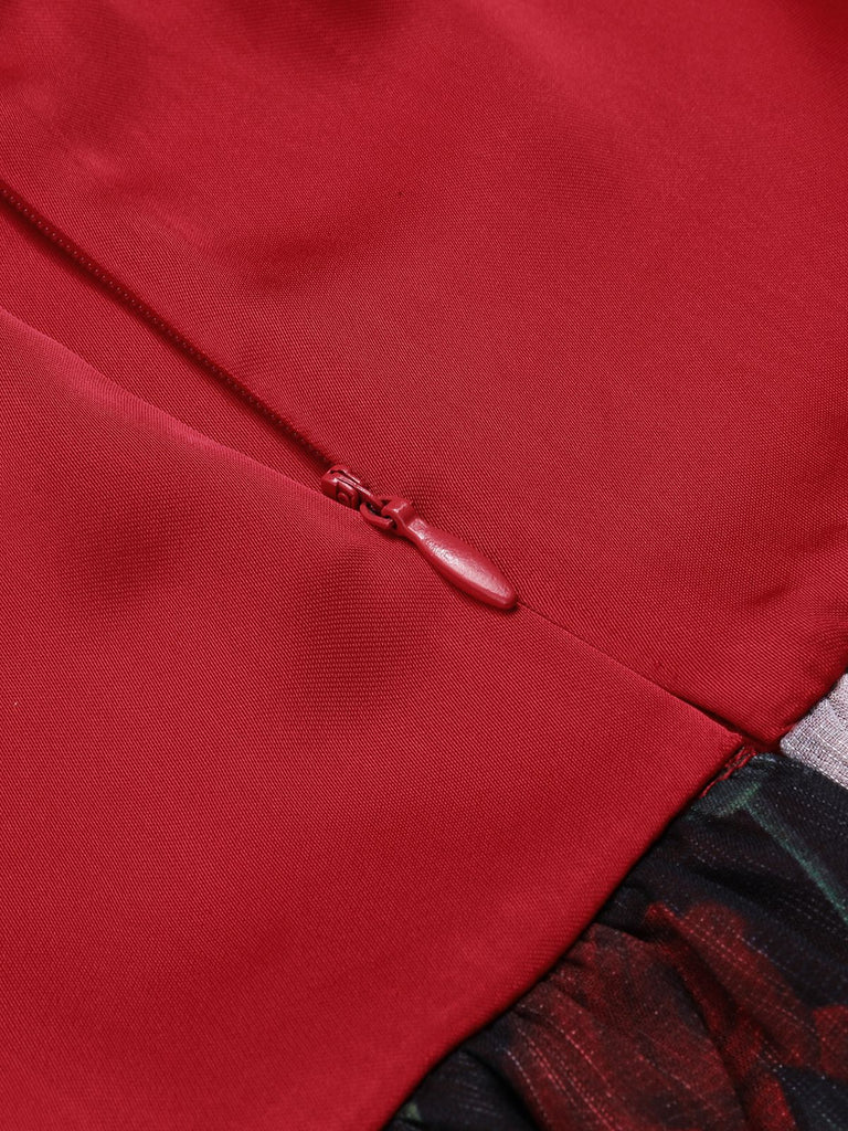 She slips into this Wine Red 1950s Halter Haloween Roses Skeleton Mesh Dress and suddenly it's a 1950s daydream