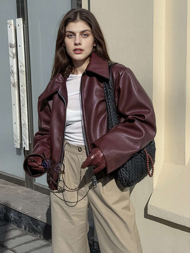 Wine Red 1950s Imitation Leather Zipper Coat - vintage fashion, retro style, elegant red