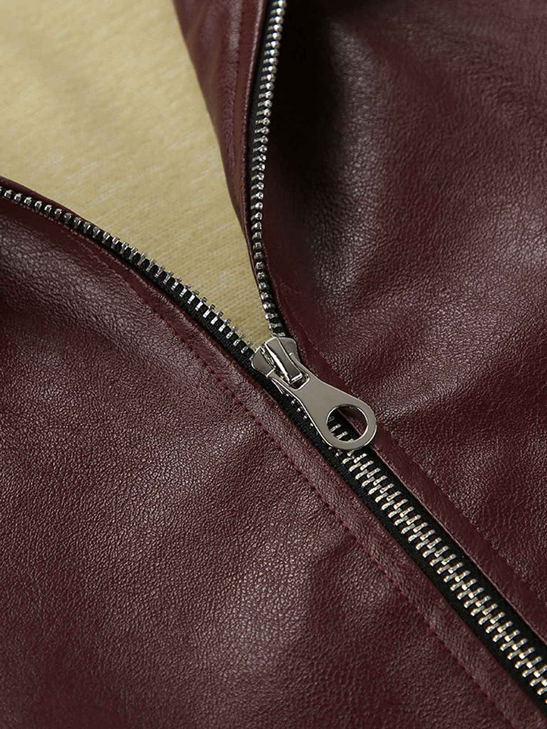Wine Red 1950s Imitation Leather Zipper Coat - vintage fashion, retro style, elegant red