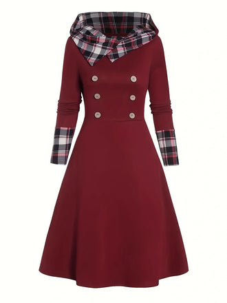She slips into this Wine Red 1950s Plaid Patchwork Hooded Dress and suddenly it's a 1950s daydream