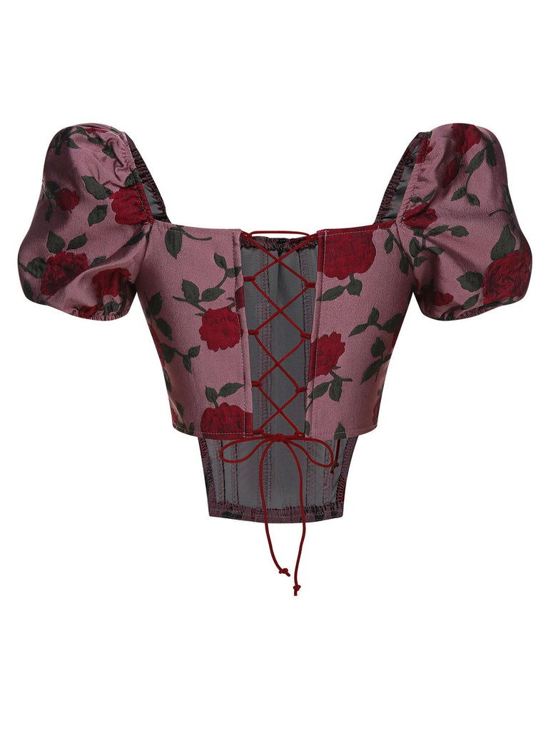 Wine Red 1950s Rose Puff Sleeves Top, vintage top, retro blouse - perfect for women who love vintage and retro fashion