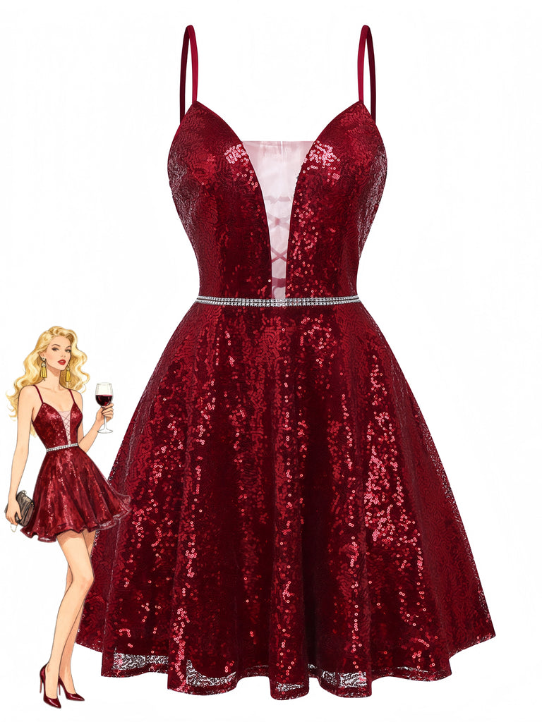 Wine Red 1950s Sequin Deep-V Mesh Dress - vintage dress, retro fashion, rockabilly
