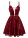 Wine Red 1950s Sequin Deep-V Mesh Dress - vintage dress, retro fashion, rockabilly
