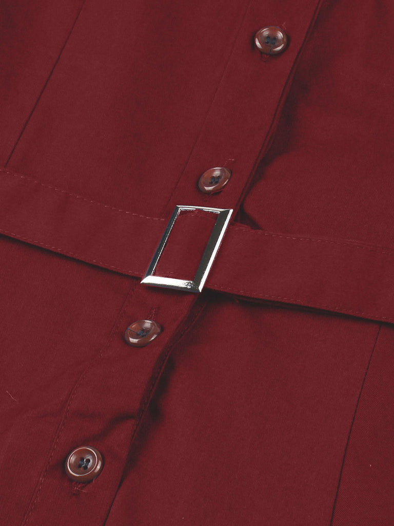 This Wine Red 1950s Solid Lapel Belted Dress wraps her in 1950s elegance, one twirl at a time