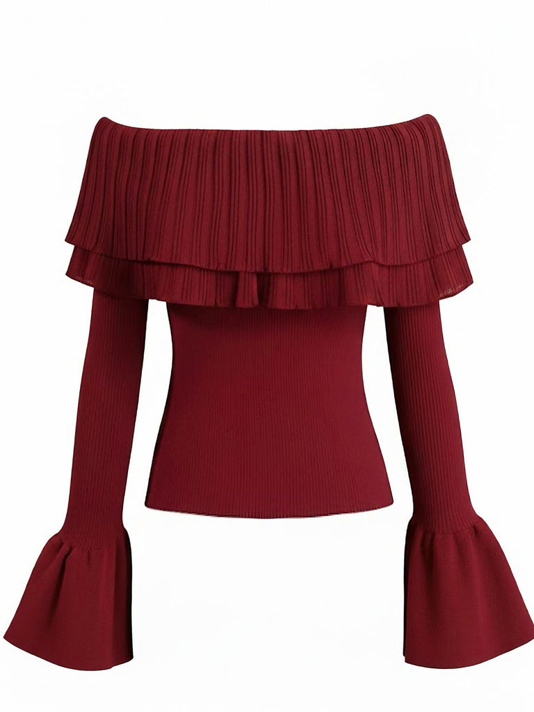 Wine Red 1960s Off-Shoulder Flare-Sleeve Knitted Top - vintage fashion, retro style, elegant red