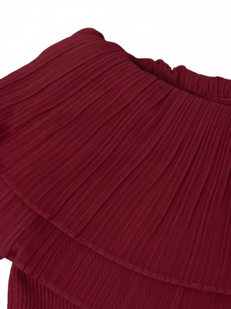 Wine Red 1960s Off-Shoulder Flare-Sleeve Knitted Top - vintage fashion, retro style, elegant red