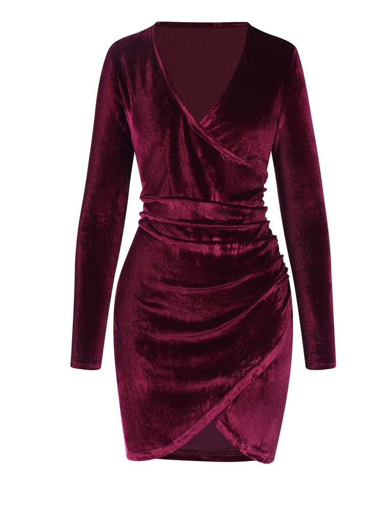 Wine Red 1960s Solid V-Neck Wrap Dress, vintage dress, retro fashion - perfect for women who love vintage and retro fashion