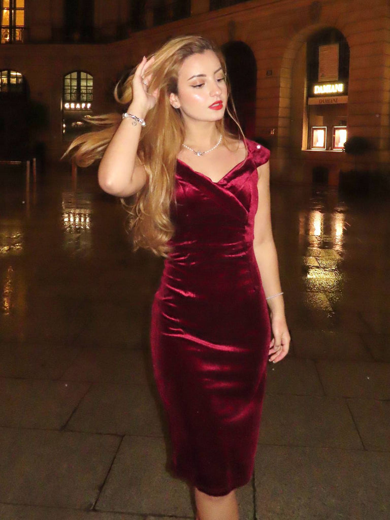 Wine Red 1960s Velvet Bodycon Dress — vintage elegance for the modern woman