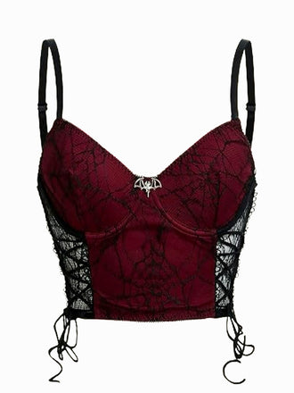 Wine Red 1970s Bat Spider Web Lace Camisole, vintage fashion, retro style - perfect for women who love vintage and retro fashion