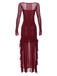 Wine Red 1970s Sheer Mesh Ruffle Maxi Dress - vintage dress, retro fashion, elegant red