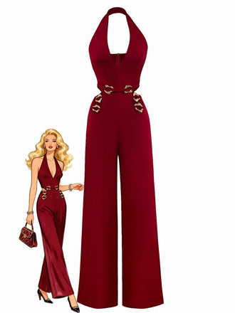 Red jumpsuit with gold accents on a white background