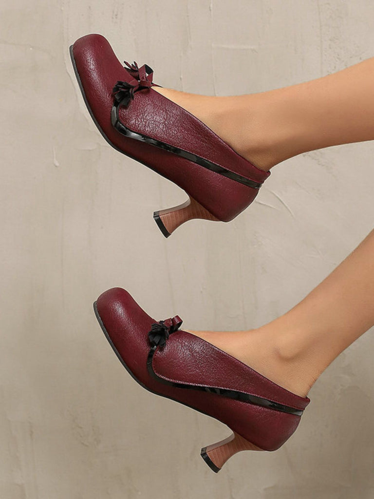 Retro Bow PU Round-Toe Chunky Heel Shoes