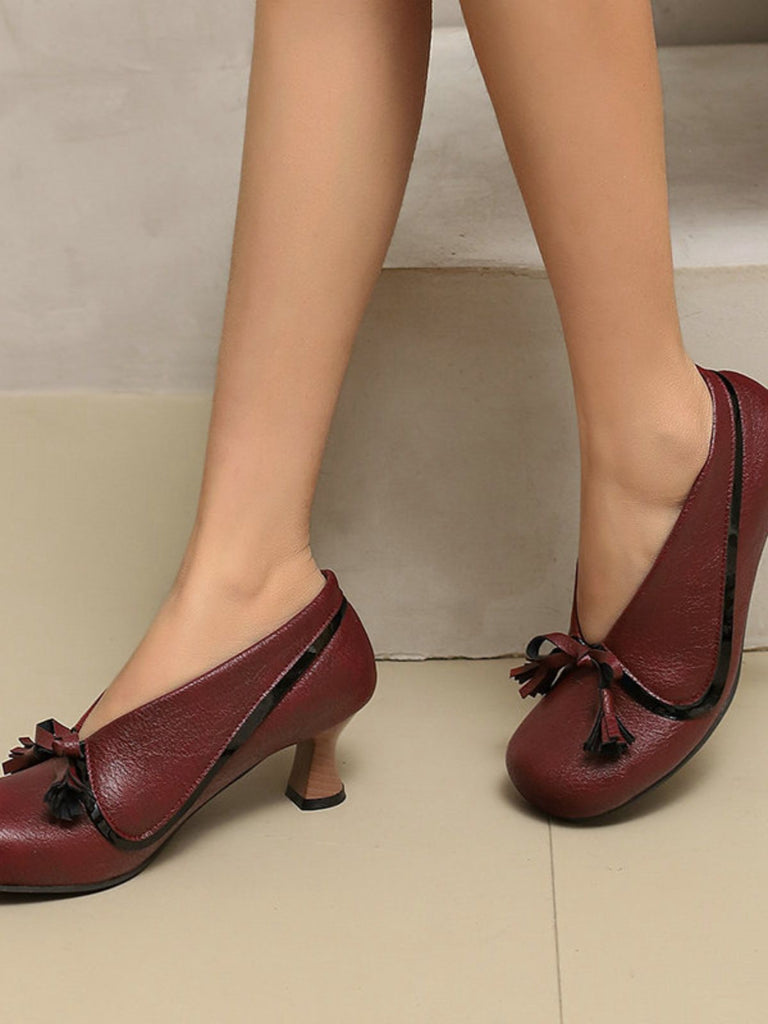 Retro Bow PU Round-Toe Chunky Heel Shoes